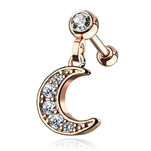 CZ Paved Crescent Dangle Jeweled Set Ball 316L Surgical Steel WildKlass Ear Cartilage/Tragus Barbell Studs-WildKlass Jewelry