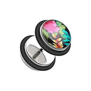 Hawaiian Luau Flower Steel WildKlass Fake Plug with O-Rings-WildKlass Jewelry