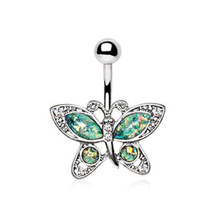 316L Stainless Steel Jeweled Butterfly with Synthetic Opal WildKlass Navel Ring-WildKlass Jewelry