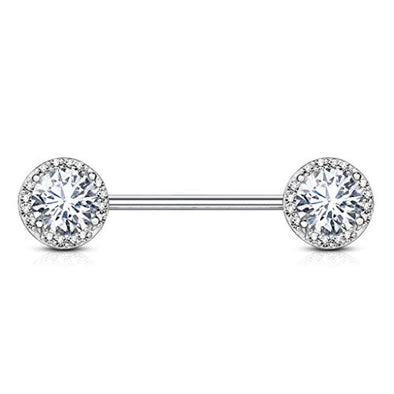 WildKlass Round CZ Center with CZ Paved Around Ends 316L Surgical Steel Nipple Barbell Rings-WildKlass Jewelry