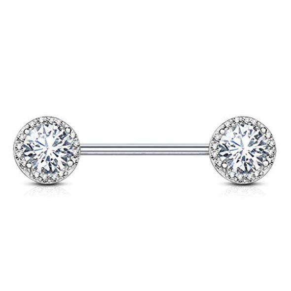 WildKlass Round CZ Center with CZ Paved Around Ends 316L Surgical Steel Nipple Barbell Rings-WildKlass Jewelry