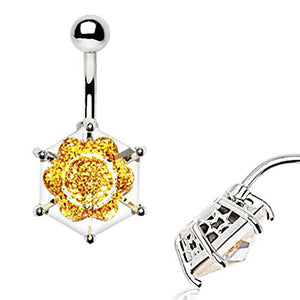 316L Stainless Steel Captured Golden Flower Faceted Glass WildKlass Navel Ring-WildKlass Jewelry