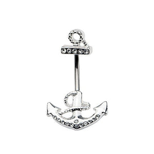In and Out Anchor WildKlass Belly Ring with clear gems (14g 7/16")-WildKlass Jewelry