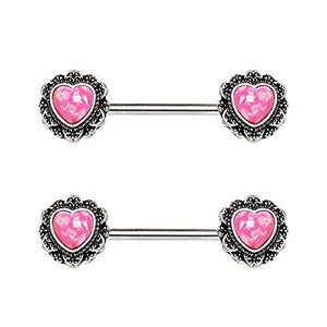 316L Stainless Steel Filigree Synthetic Opal Heart WildKlass Nipple Bar-WildKlass Jewelry