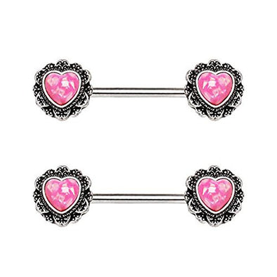 316L Stainless Steel Filigree Synthetic Opal Heart WildKlass Nipple Bar-WildKlass Jewelry