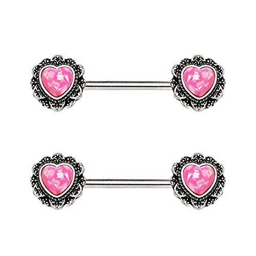 316L Stainless Steel Filigree Synthetic Opal Heart WildKlass Nipple Bar-WildKlass Jewelry