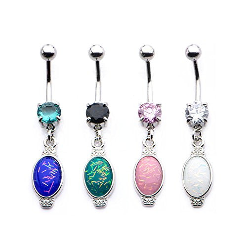 WildKlass Navel Droplet Prong Set Gem with Dangle Charm filled with glitter resin that reflects opalish effect-WildKlass Jewelry