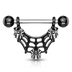 3 Spiders On Black IP Spider Web Dangle 316L Surgical Steel WildKlass Nipple Rings-WildKlass Jewelry