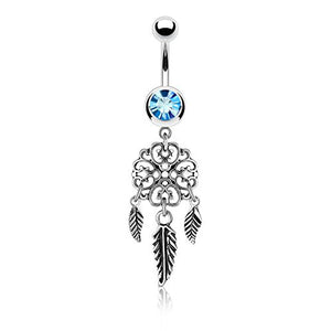 Heart Filigree Dream Catcher Dangle 316L Surgical Steel Jeweled Ball WildKlass Belly Button Rings-WildKlass Jewelry