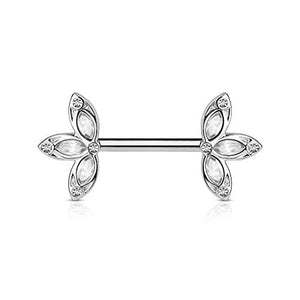 Crystal Set Three Petal Flower Ends 316L Surgical Steel WildKlass Nipple Barbells-WildKlass Jewelry