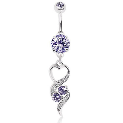 Gemmed Navel Ring with Elegant Heart Spiral Dangle and Tanzanite 316L Surgical Steel-WildKlass Jewelry