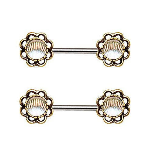 Antique Gold Plated Seashell Flower WildKlass Nipple Bar-WildKlass Jewelry