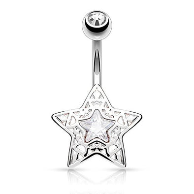 CZ Centered Filigree Star 316L Surgical Steel WildKlass Belly Button Navel Rings-WildKlass Jewelry