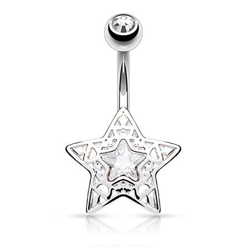 CZ Centered Filigree Star 316L Surgical Steel WildKlass Belly Button Navel Rings-WildKlass Jewelry