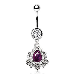 316L Stainless Steel Ornate Victorian Purple Tear Drop Dangle WildKlass Navel Ring-WildKlass Jewelry