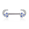 WildKlass CZ Paved Crescent Moon with 3 Blue Stars 316L Surgical Steel Nipple Barbell Rings-WildKlass Jewelry