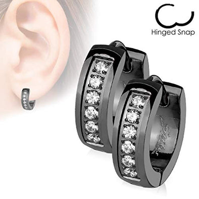 WildKlass Pair of CNC Set Lined CZ Stainless Steel Hoop/Huggie Earrings-WildKlass Jewelry