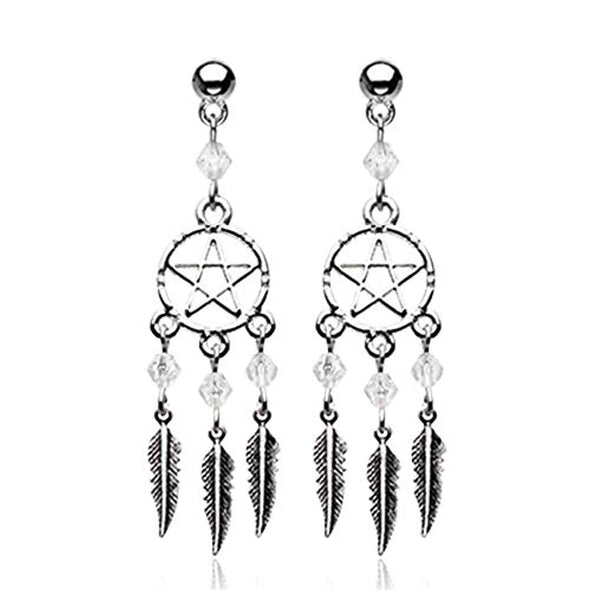 The Pentagram Dreamcatcher Feather WildKlass Earring-WildKlass Jewelry
