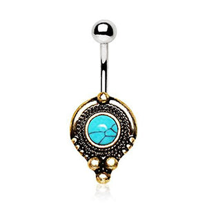 Gold Plated Medieval Style WildKlass Navel Ring with Turquoise Stone-WildKlass Jewelry
