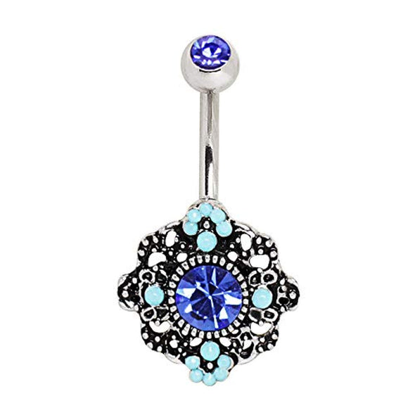 WILDKLASS 316L Stainless Steel Ornate Blue Flower Navel Ring-WildKlass Jewelry