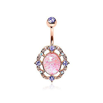 Rose Gold Plated Pink Synthetic Opal Ornate WildKlass Navel Ring-WildKlass Jewelry