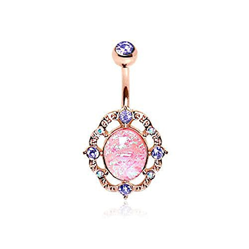 Rose Gold Plated Pink Synthetic Opal Ornate WildKlass Navel Ring-WildKlass Jewelry