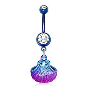 Blue PVD Plated WildKlass Navel Ring with Blue & Pink Seashell Dangle-WildKlass Jewelry