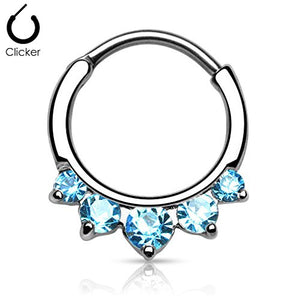 Five CZ Set Round Top 316L Surgical Steel Nose WildKlass Septum/Ear Cartilage Clicker Rings-WildKlass Jewelry
