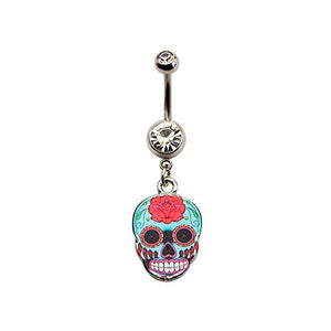 Aqua Sugar Skull WildKlass Dangle Charm Belly Ring (14g 7/16")-WildKlass Jewelry