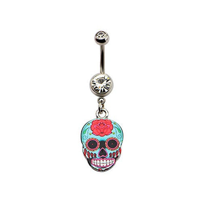 Aqua Sugar Skull WildKlass Dangle Charm Belly Ring (14g 7/16")-WildKlass Jewelry