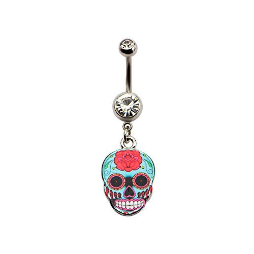 Aqua Sugar Skull WildKlass Dangle Charm Belly Ring (14g 7/16")-WildKlass Jewelry