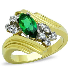 WildKlass Stainless Steel Ring Two-Tone IP Gold Women Synthetic Emerald-WildKlass Jewelry
