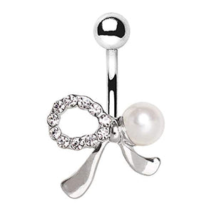 316L Stainless Steel Gem Pearl Ribbon WildKlass Navel Ring-WildKlass Jewelry