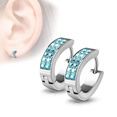 WildKlass Pair of Lined Set Crystals Front Oval Shape Stainless Steel Hoop/Huggie Earrings-WildKlass Jewelry