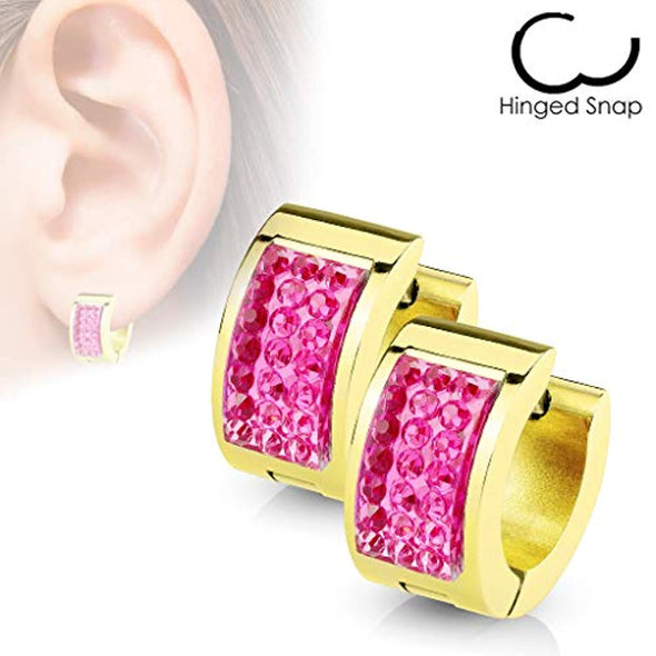 WildKlass Square Crystal Paved IP Gold Over Stainless Steel Hoop Huggie Earrings-WildKlass Jewelry