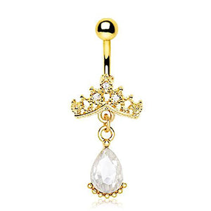 Gold Plated Crown Tear Drop Dangle WildKlass Navel Ring-WildKlass Jewelry