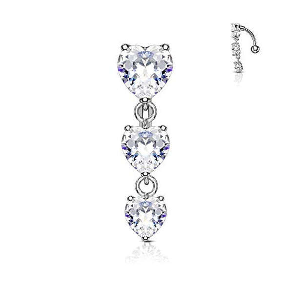 WildKlass Three Prong Set Heart CZ Vertical Drop 316L Surgical Steel Top Drop Belly Button Navel Rings-WildKlass Jewelry