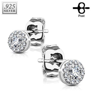 Pair of .925 Sterling Silver WildKlass Stud Earrings/CZ Paved Round with CZ Center-WildKlass Jewelry