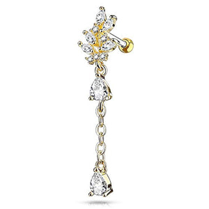 WildKlass CZ Cluster Leaf with Long Chain Dangled Pear CZ 316L Surgical Steel Cartilage, Tragus Barbell Studs-WildKlass Jewelry