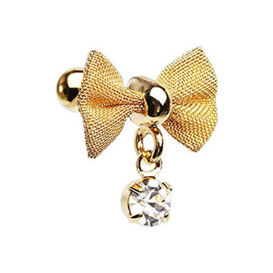 Golden Dainty Mesh Bow Gem Cartilage WildKlass Tragus Earring-WildKlass Jewelry
