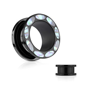 Abalone Inlaid Rim Black Acrylic Screw Fit Flesh WildKlass Tunnels-WildKlass Jewelry