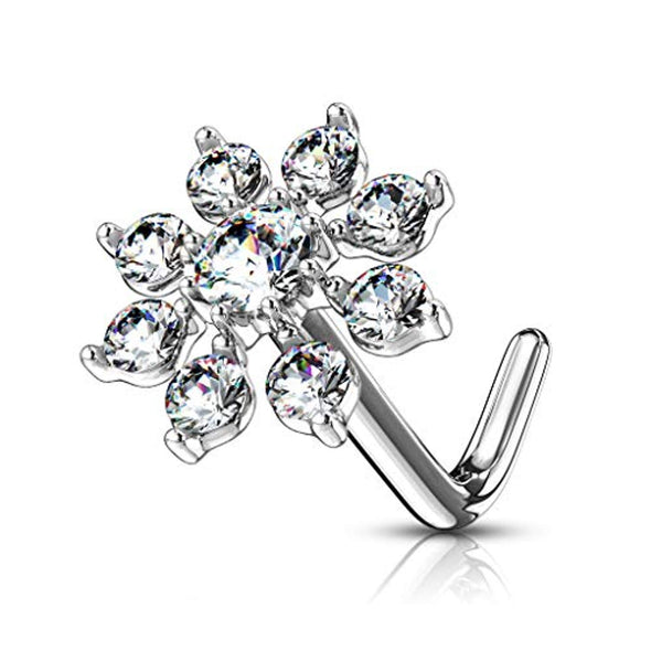 WildKlass Double Tiered CZ Starburst Top 316L Surgical Steel L Bend Nose Stud Rings-WildKlass Jewelry