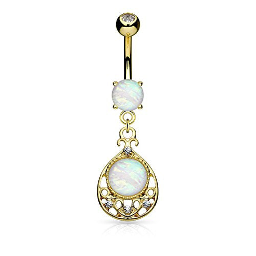Opal Glitter Center Vintage Filigree Dangle Surgical Steel WildKlass Belly Button Navel Rings-WildKlass Jewelry