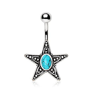316L Stainless Steel Antique Star With Turquoise Stone Inlay WildKlass Navel Ring-WildKlass Jewelry