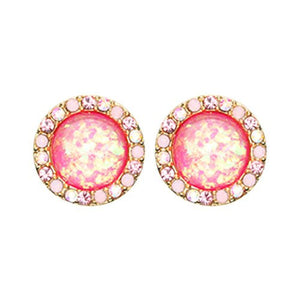 Golden Round Crown Opal Jeweled Combo WildKlass Ear Stud Earrings ( Aurora Borealis/Light Pink/Pink)-WildKlass Jewelry