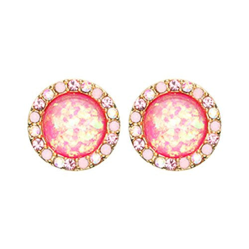 Golden Round Crown Opal Jeweled Combo WildKlass Ear Stud Earrings ( Aurora Borealis/Light Pink/Pink)-WildKlass Jewelry