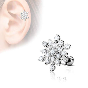 CZ Paved Snow Flake Top 316L Surgical Steel WildKlass Ear Cartilage Barbell Studs-WildKlass Jewelry
