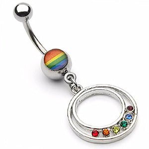 Gay Pride Epoxy Round Pendant w/Gem WildKlass Navel Ring (Sold by Piece)-WildKlass Jewelry