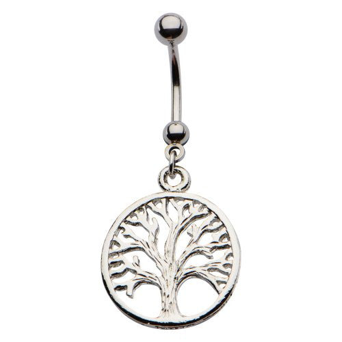 WildKlass Navel Barbell with Tree of Life Dangle Charm 14g 7/16"-WildKlass Jewelry