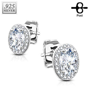Pair of .925 Sterling Silver CZ Paved Double Tier Oval Solitare CZ WildKlass Earrings-WildKlass Jewelry